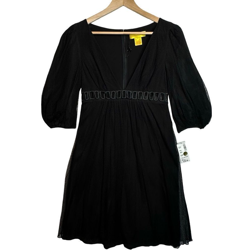 CATHERINE MALANDRINO Black Silk-Lined Mesh V-Neck Empire Cocktail Dress Size 10